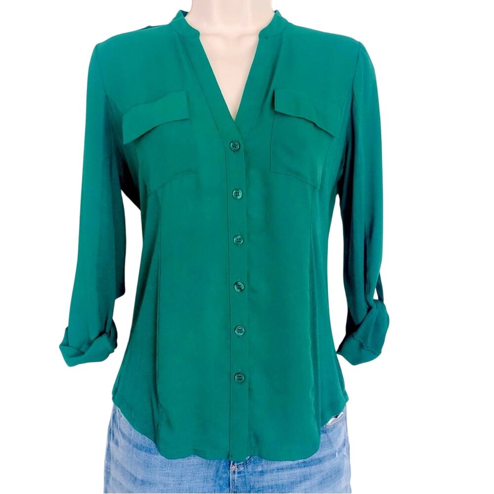 INC International Concepts Mixed Media Kelly Green Button Front Blouse - Picture 16 of 16